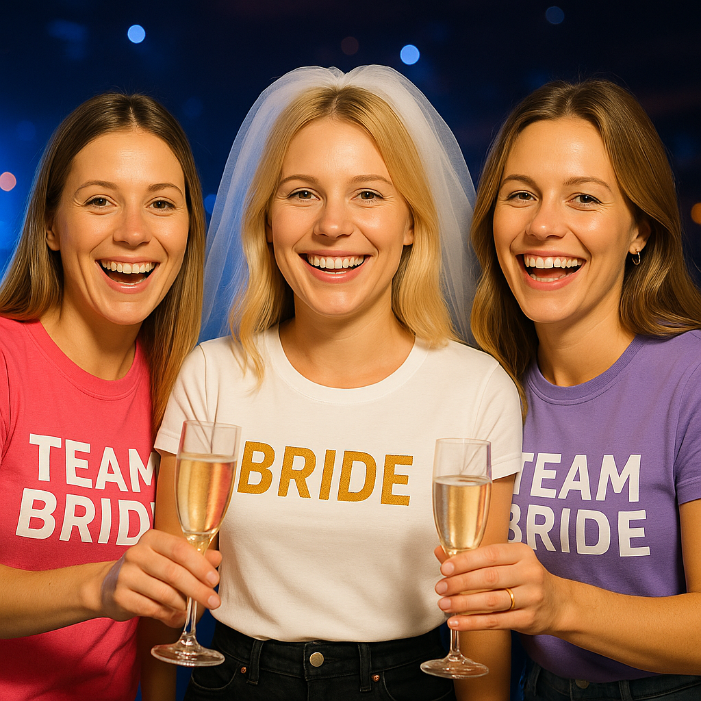 junggesellinnenabschied-bedrucktes-tshirt-bochum Stilvoller Junggesellinnenabschied mit Braut und Freundinnen beim gemeinsamen Anstoßen mit Sekt.